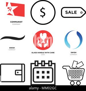 Set Of 9 simple editable icons such as Shopping, Calendar, Wallet, swish, glass handle with care, Black Sale, price tag, USD, dollar, communist, can b Stock Vector