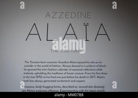 London, UK.  9 May 2018.  Preview of 'Azzedine Alaïa:  The Couturier', the first UK exhibition of Azzedine Alaïa examining the work of one of the most respected fashion designers in history.  Over 60 rare and iconic garments are on display alongside a series of specially commissioned pieces.  The exhibition runs 10 May to 7 October 2018 at the Design Museum.   Credit: Stephen Chung / Alamy Live News Stock Photo