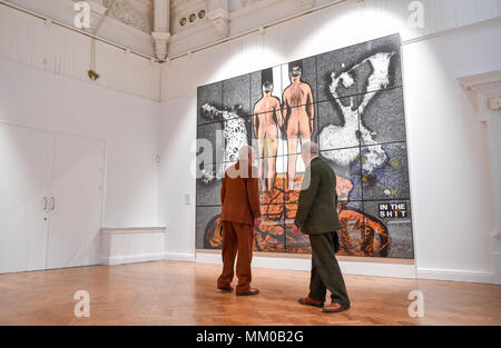 Brighton UK 9th May 2018 - Renowned artists Gilbert (right) and George visiting their exhibition at Brighton Museum and Art Gallery which is showing until September until September .   Credit: Simon Dack/Alamy Live News Stock Photo