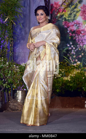 Indian film actress Vidya Balan attend the wedding reception of actress Sonam Kapoor and Anand Ahuja at hotel Leela in Mumbai. Stock Photo