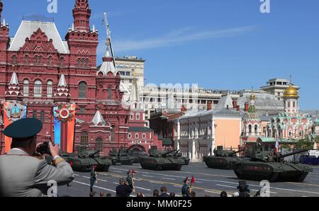 Russian T-14 Armata tanks pass the review stand during the military parade on the 73rd Victory Day marking the end of World War II in Red Square May 9, 2018 in Moscow, Russia.  (Russian Presidency via Planetpix) Stock Photo