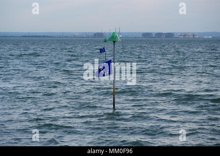 EU Flag Mafia hung 42 European Union flags along Southend seafront in the Thames Estuary. The flags were hung on Europe Day to time with the tides so that they couldn't be removed until the water receded. Anti-Brexit protest Stock Photo