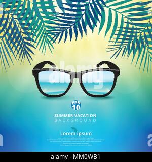 Abstract of summer time background with sunglasses and leaves of nature, sunshine bright on center of blue sky theme. Vector illustration Stock Vector