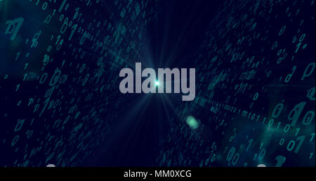 Digital technology concept. Cyan and blue binary code flying from light source in background. Light rays and dynamic numbers motive. Stock Photo