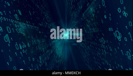 Digital technology concept. Cyan and blue binary code flying from light source in background. Light rays and dynamic numbers motive. Stock Photo