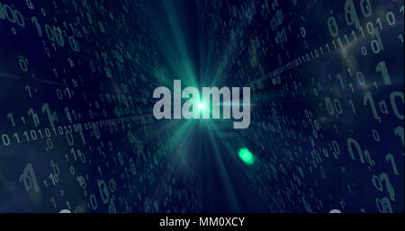 Digital technology concept. Cyan and blue binary code flying from light source in background. Light rays and dynamic numbers motive. Stock Photo