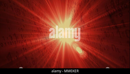 Digital technology concept. Fiery red binary code flying from light source in background. Light rays and dynamic numbers motive. Stock Photo