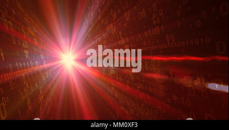 Digital technology concept. Fiery red binary code flying from light source in background. Light rays and dynamic numbers motive. Stock Photo