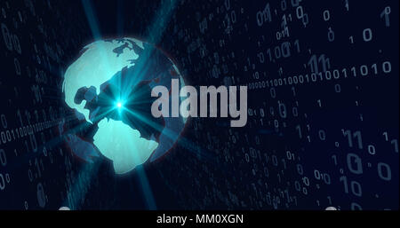 Globe hologram on digital background. Binary worlds and technology concept. Earth planet on numbers motive. Stock Photo