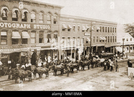 Fourteen-Horse Hitch on Main St. Brattleboro. 1900 Stock Photo