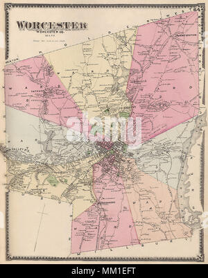 Map of Greater City of Worcester. 1870 Stock Photo