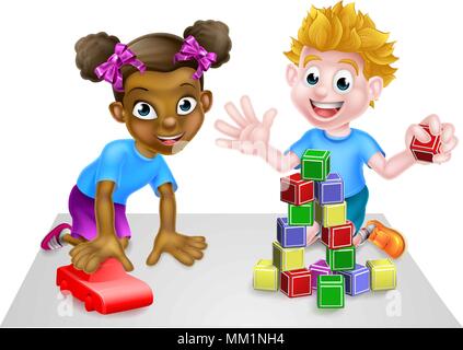 Cartoon Boy and Girl Playing with Car and Blocks Stock Vector