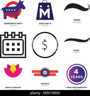Set Of 9 simple editable icons such as four years warranty, Airforce, beauty parlour, Black swish, USD, dollar, Calendar, shop cart m, democratic part Stock Vector
