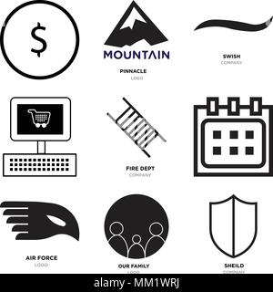 Set Of 9 simple editable icons such as sheild, our family, air force, Calendar, fire dept, On, Black swish, pinnacle, USD, dollar, can be used for mob Stock Vector