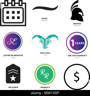 Set Of 9 simple editable icons such as USD, dollar, double r, air force, one year warranty, goat skull, SE negative, spartan, Black swish, Calendar, c Stock Vector