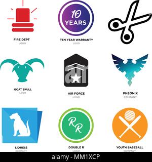Set Of 9 simple editable icons such as youth baseball, double r, lioness, Pheonix, air force, goat skull, Scissors, ten years warranty, fire dept, can Stock Vector