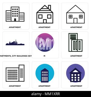 Set Of 9 simple editable icons such as Apartment, M, Apartments, city buildings sky, can be used for mobile, web Stock Vector