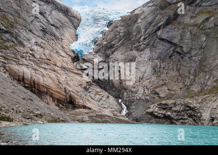Briksdalsbreen Glacier and its lagoon in 2017, Jostedalsbreen National Park, Sogn og Fjordane, Norway. Stock Photo