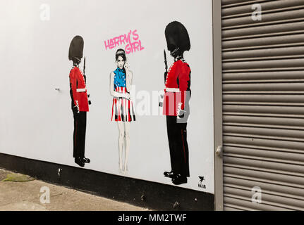 Street Art, showing Prince Harry's fiance American Actress, Meghan Markle, by artist Pegasus, Digswell Street, London, Stock Photo