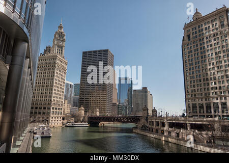 Chicago downtown and Chicago River with bridges Stock Photo