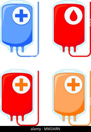 Colorful cartoon blood donation bag set isolated on white background. Healthcare themed vector illustration for icon, sticker, sign, patch, certificat Stock Vector