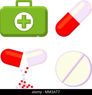 Colorful cartoon first aid kit content set isolated on white background. Healthcare themed vector illustration for icon, sticker, sign, patch, certifi Stock Vector