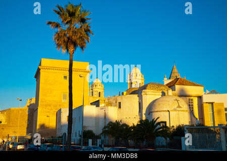 Church of Santa Cruz, Torre del Sagrario, cathedral and other buildings on Avenue Campo del Sur, Cadiz, Andalusia, Spain Stock Photo