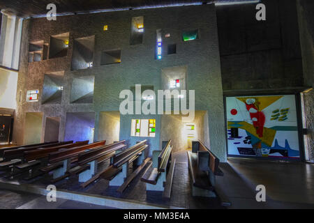 Inside the iconic Chapel in Ronchamp designed by Swiss-French architect Le Corbusier, France. Stock Photo