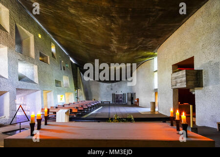 Inside the iconic Chapel in Ronchamp designed by Swiss-French architect Le Corbusier, France. Stock Photo