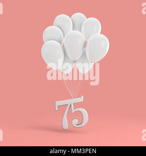 Number 75 party celebration. Number attached to a bunch of white balloons Stock Photo