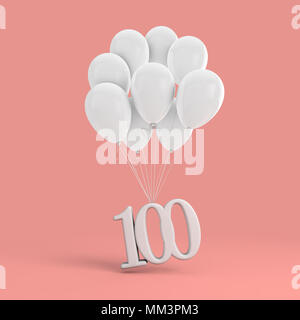 Number 100 party celebration. Number attached to a bunch of white balloons Stock Photo