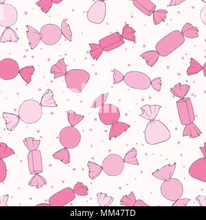 Hand drawn pink vector candies seamless pattern on the starry background. Cute holiday decoration in pastel  colors. Stock Vector