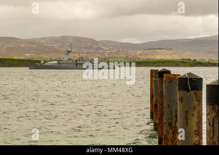 Irish Naval Samuel Beckett-class offshore patrol vessel 'LÉ William Butler Yeats' is pictured at anchor in Bantry, County Cork, Ireland. Stock Photo