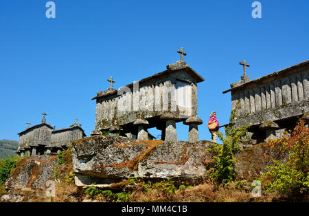 Espigueiros, the old and traditional stone granaries of Soajo. Peneda Geres National Park, Portugal Stock Photo