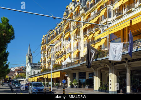 Montreux, Switzerland - October 18, 2017: The facade of the famous Montreux Palace hotel in the center of the spa town on the shore of the Geneva lake Stock Photo