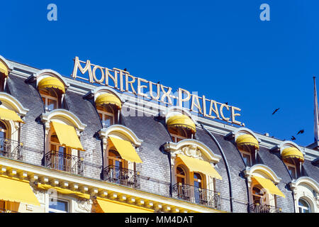 Montreux, Switzerland - October 18, 2017: The facade of the famous Montreux Palace hotel in the center of the spa town on the shore of the Geneva lake Stock Photo