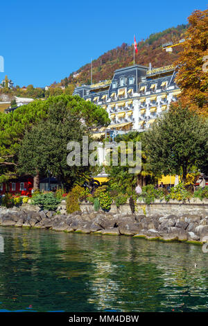 Montreux, Switzerland - October 18, 2017: The facade of the famous Montreux Palace hotel in the center of the spa town on the shore of the Geneva lake Stock Photo