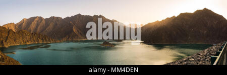 Hatta Dam Lake panorama at sunset, Dubai, United Arab Emirates Stock Photo