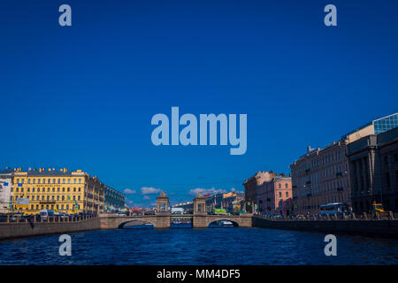 ST. PETERSBURG, RUSSIA, 02 MAY 2018: Outdoor view of Lomonosov Bridge over Fontanka River, is the best preserved of towered movable bridges typical for Saint Petersburg in 18th century Stock Photo