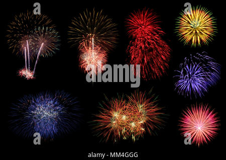 Collection of colorful fireworks on black background. Stock Photo