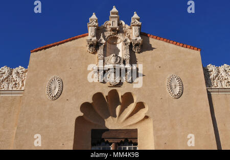 Exterior ornamentation on the Lensic Theater in Santa Fe, New Mexico. The landmark opened in 1931; an extensive restoration was completed in 2001. Stock Photo