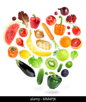 Falling fruits and vegetables on white background. Healthy food concept. Fresh food Stock Photo