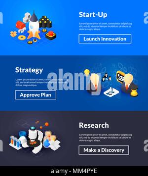 Startup strategy and research banners of isometric color design Stock Vector