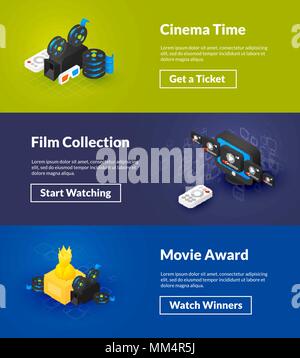 Cinema time film collection and movie award banners of isometric color design Stock Vector