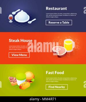 Restaurant steak house and fast food banners of isometric color design Stock Vector
