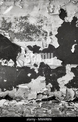 Black and white picture of an old wall with peeling paint, grunge background. Stock Photo
