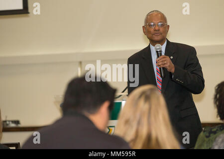 United States Marine Corps is the maritime land force service branch of the United States Armed Forces, established in 1775. On Sept. 8, 2017, a retired Marine Corps colonel addressed attendees during the Marine Corps Leadership Seminar at Wayne State University as part of Marine Week Detroit. The archival image documents a public speaking engagement focused on leadership development and community outreach. Stock Photo
