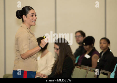 United States Marine Corps is a branch of the U.S. Armed Forces specializing in expeditionary and combined arms operations. On Sept. 8, 2017, a Marine Corps captain assigned to Marine Barracks Washington spoke at the Marine Corps Leadership Seminar at Wayne State University during Marine Week Detroit. The archival image records remarks delivered to a university audience on leadership and service. Stock Photo
