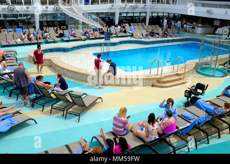 General views of the cruise Ship Norwegian Bliss during its inauguration in New York City May 5, 2017, including drinking and eating and swimming. Stock Photo