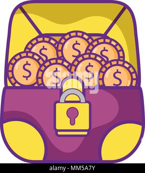 open graphic chest with gold coins and padlock Stock Vector